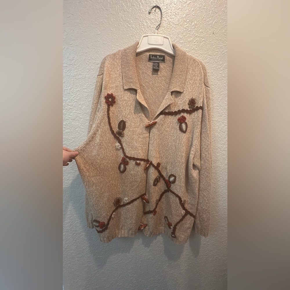 Vintage Extra Point‎ Woman’s 3X Tan Floral Embroidered Cardigan Sweater Boho